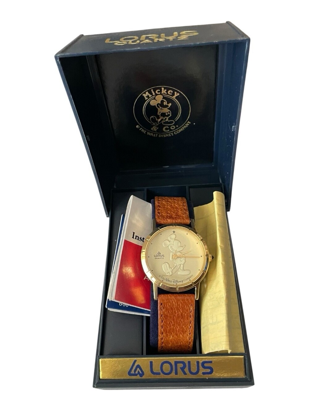 Vintage Lorus Quartz Mickey Mouse Gold Tone Watch Tan Leather Band NIB Men's